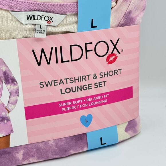 WILDFOX Purple Cream Tie Dye Relaxed Fit Soft Sweatshirt & Shorts Lounge Set L - Picture 3 of 7